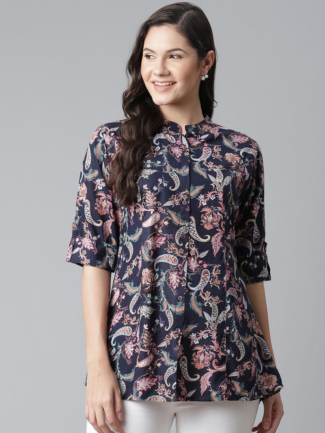  Blue Printed Rayon Shirt Style A-Line Top -  world