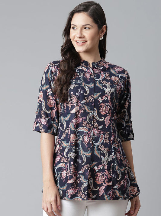  Blue Printed Rayon Shirt Style A-Line Top -  world