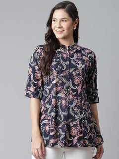 Blue Printed Rayon Shirt Style A-Line Top
