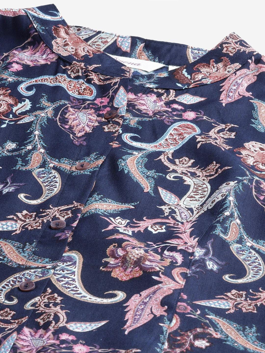  Blue Printed Rayon Shirt Style A-Line Top -  world