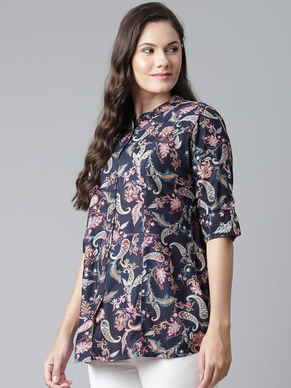 Blue Printed Rayon Shirt Style A-Line Top -  world