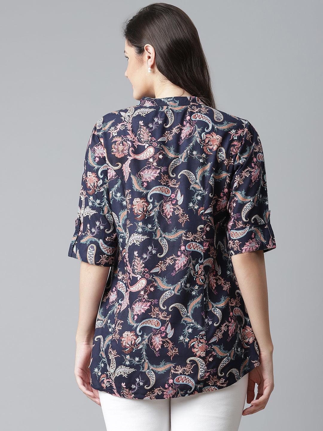  Blue Printed Rayon Shirt Style A-Line Top -  world