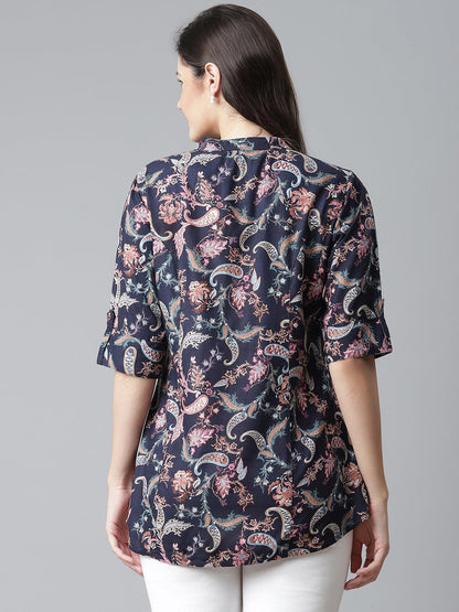  Blue Printed Rayon Shirt Style A-Line Top -  world