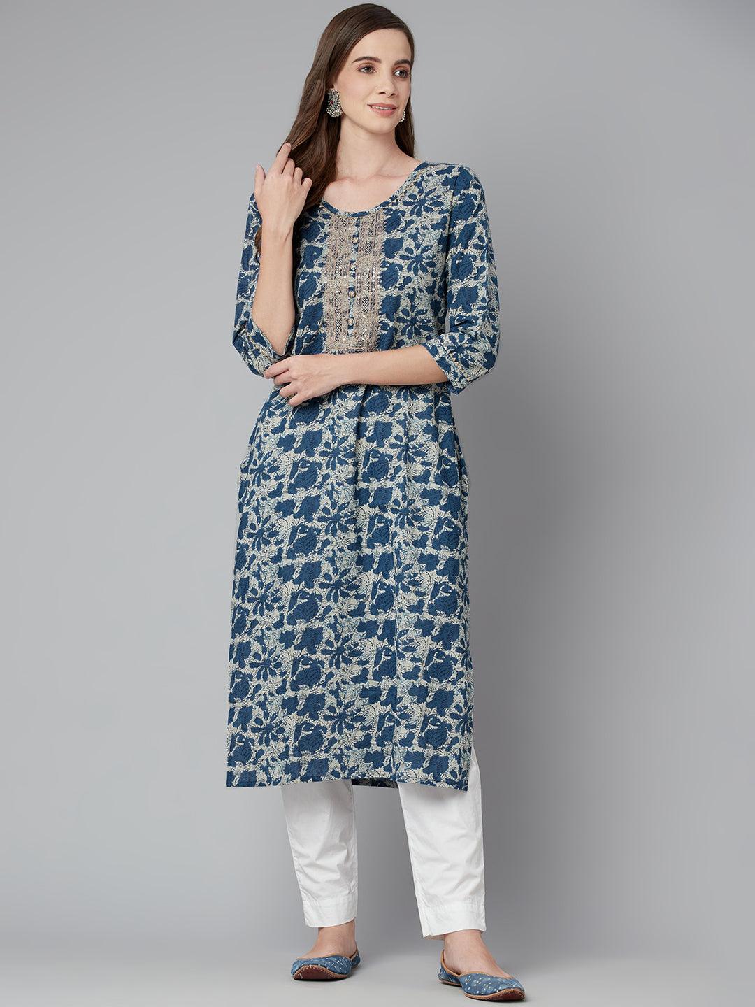  Blue Floral Cotton Straight Kurta -  world