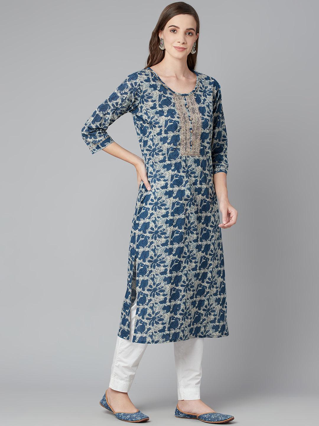  Blue Floral Cotton Straight Kurta -  world