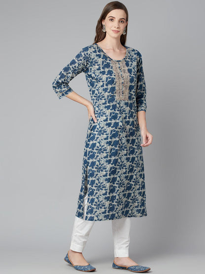  Blue Floral Cotton Straight Kurta -  world