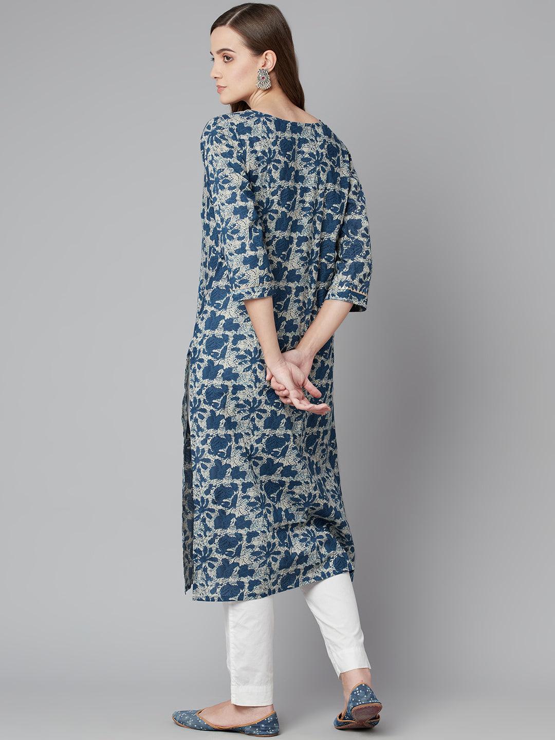  Blue Floral Cotton Straight Kurta -  world