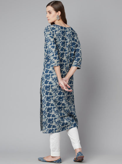  Blue Floral Cotton Straight Kurta -  world