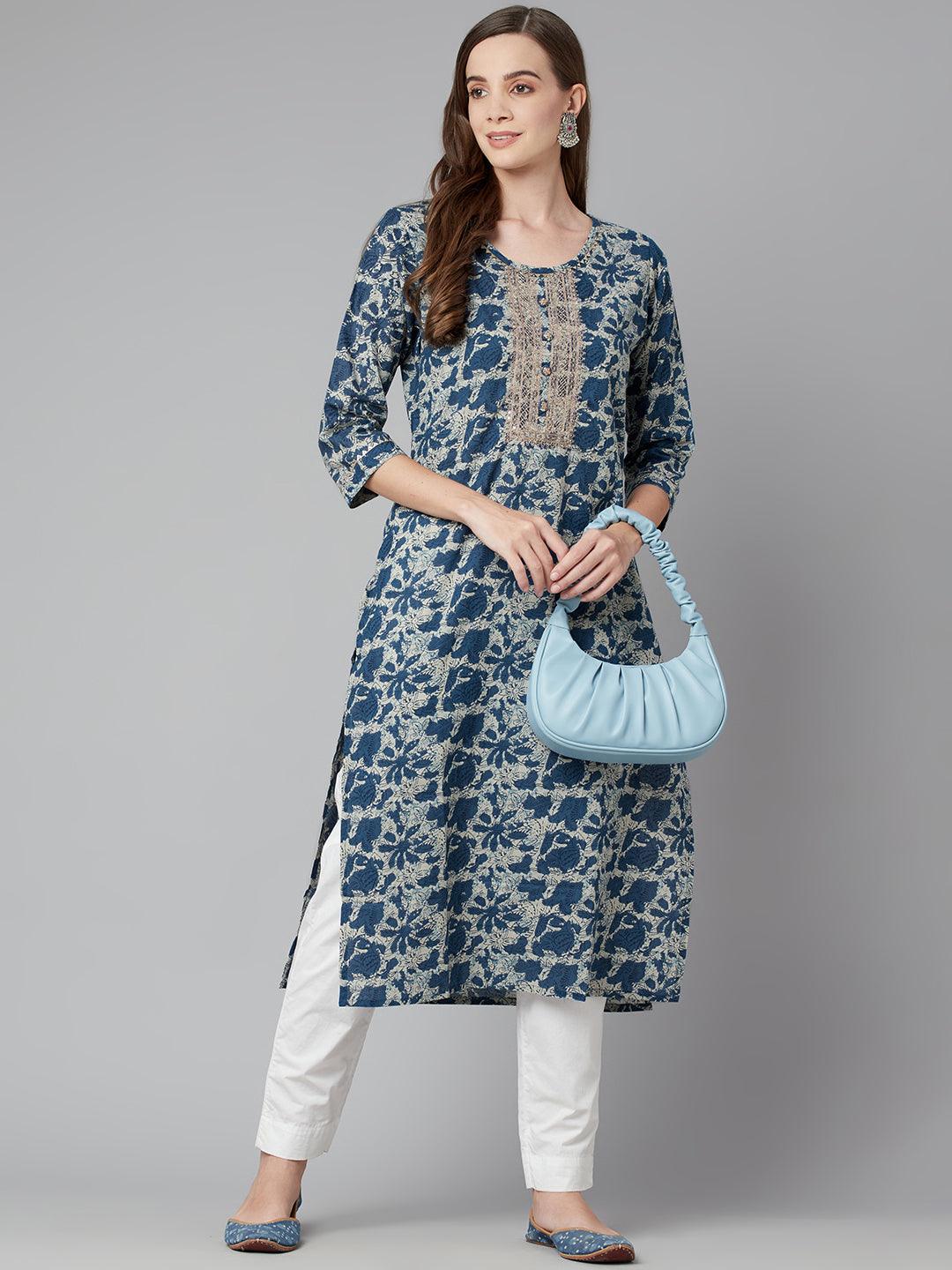  Blue Floral Cotton Straight Kurta -  world