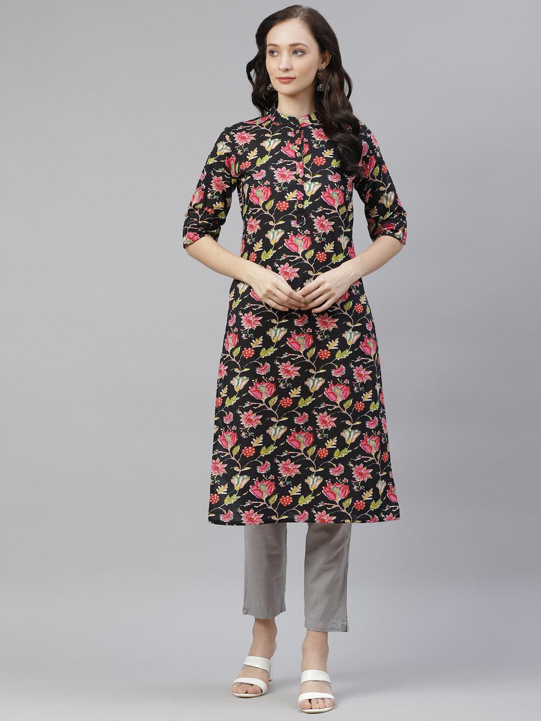  Black Floral Cotton Straight Kurti -  world