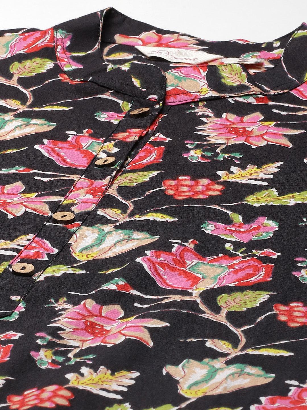  Black Floral Cotton Straight Kurti -  world