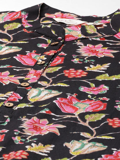  Black Floral Cotton Straight Kurti -  world