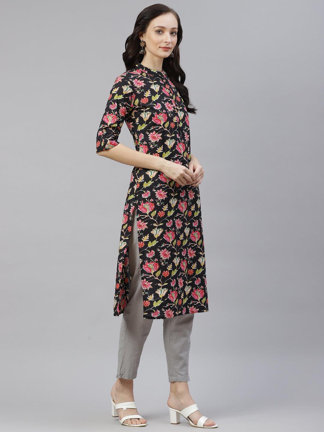  Black Floral Cotton Straight Kurti -  world