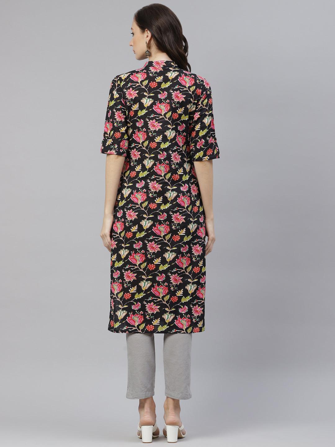  Black Floral Cotton Straight Kurti -  world
