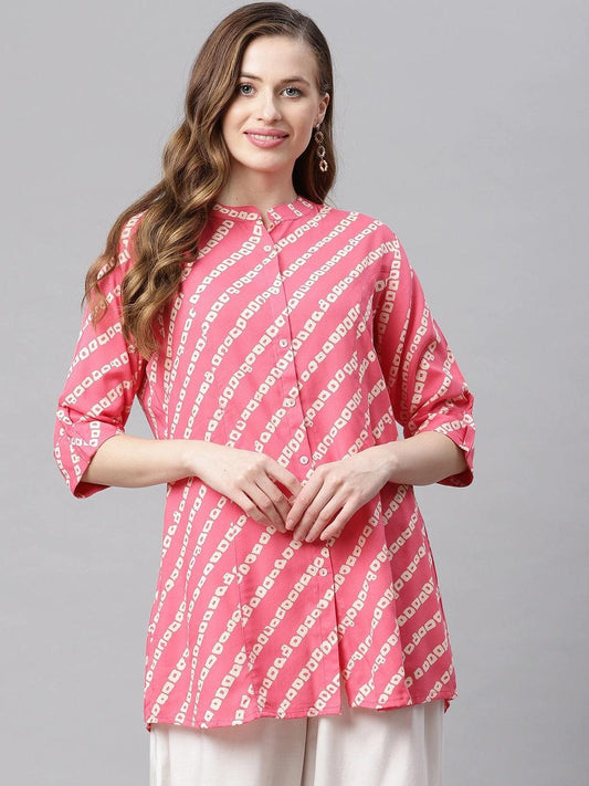  Pink Bandhani Rayon A-line Shirt Style Top -  world