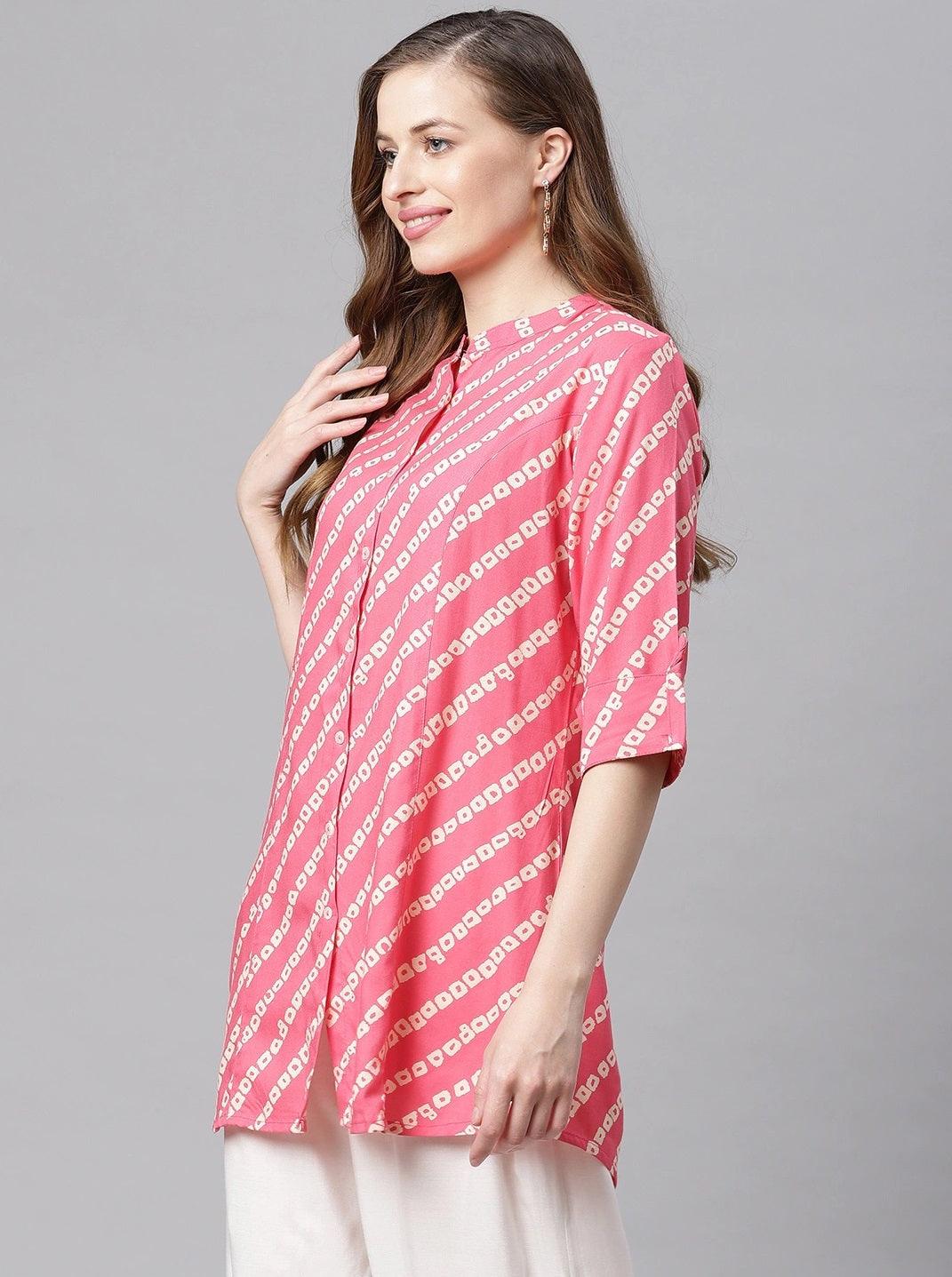  Pink Bandhani Rayon A-line Shirt Style Top -  world