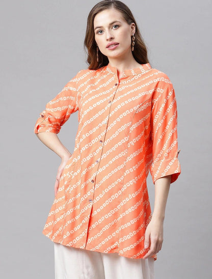  Orange Bandhani Rayon A-line Shirt Style Top -  world