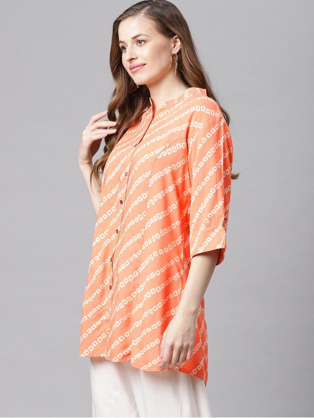  Orange Bandhani Rayon A-line Shirt Style Top -  world