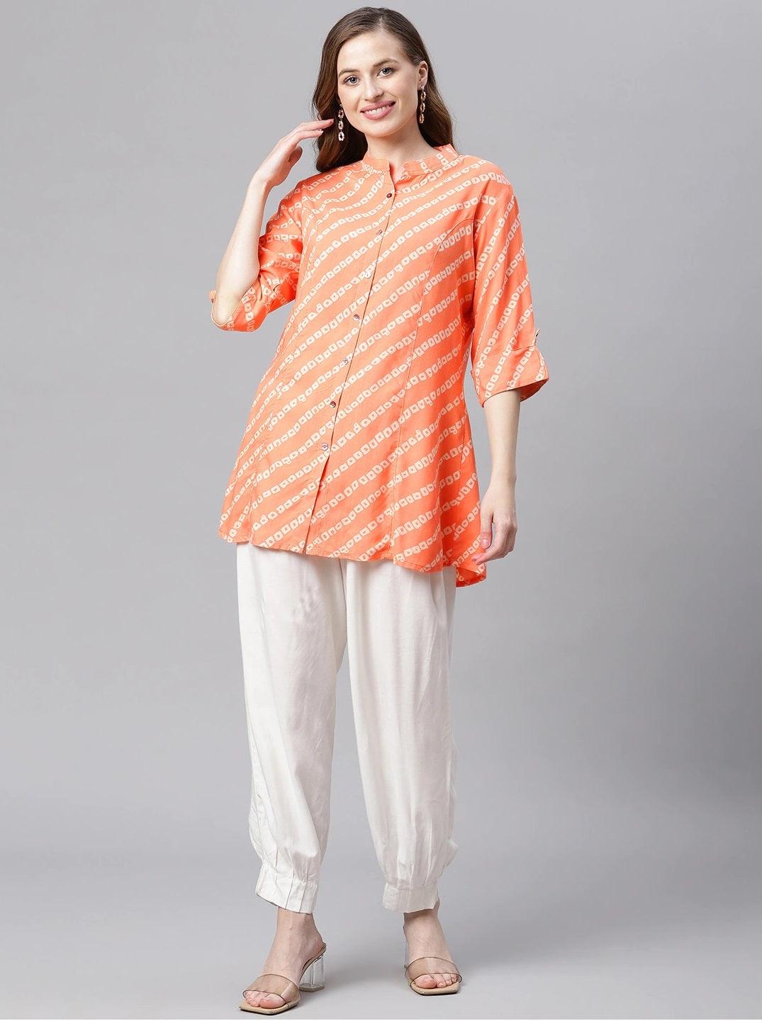  Orange Bandhani Rayon A-line Shirt Style Top -  world