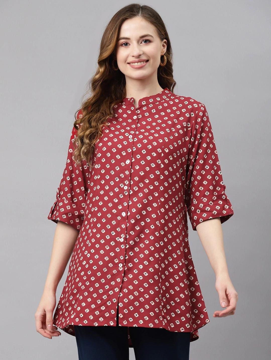  Maroon Bandhani Print Shirt Style A-line Top -  world