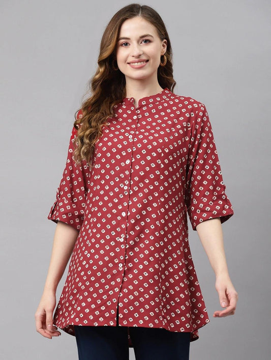  Maroon Bandhani Print Shirt Style A-line Top -  world