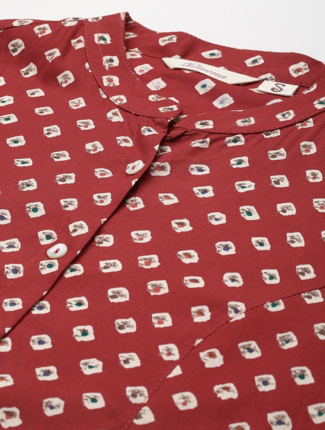  Maroon Bandhani Print Shirt Style A-line Top -  world