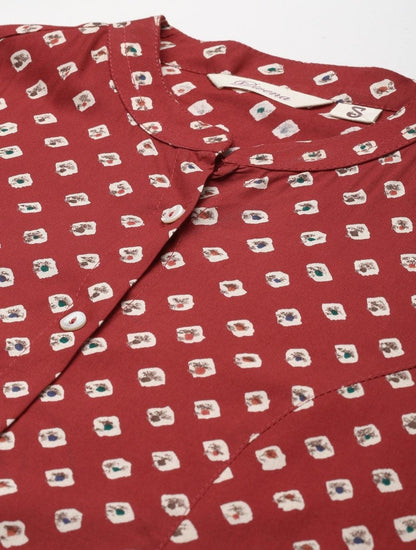  Maroon Bandhani Print Shirt Style A-line Top -  world