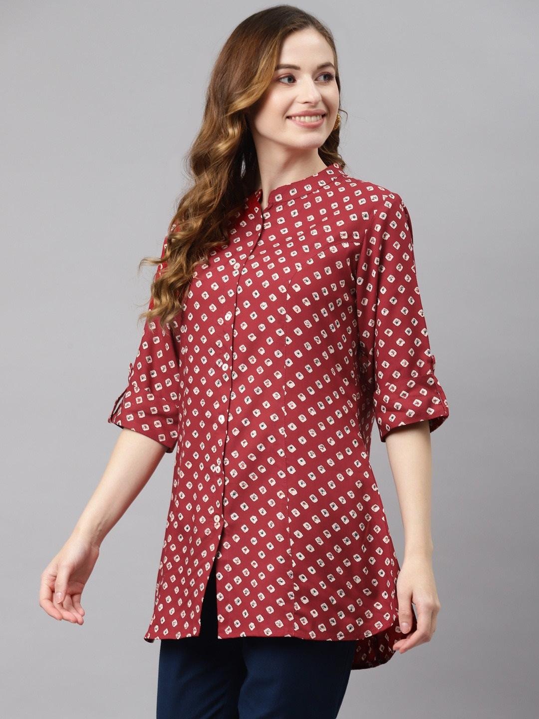  Maroon Bandhani Print Shirt Style A-line Top -  world