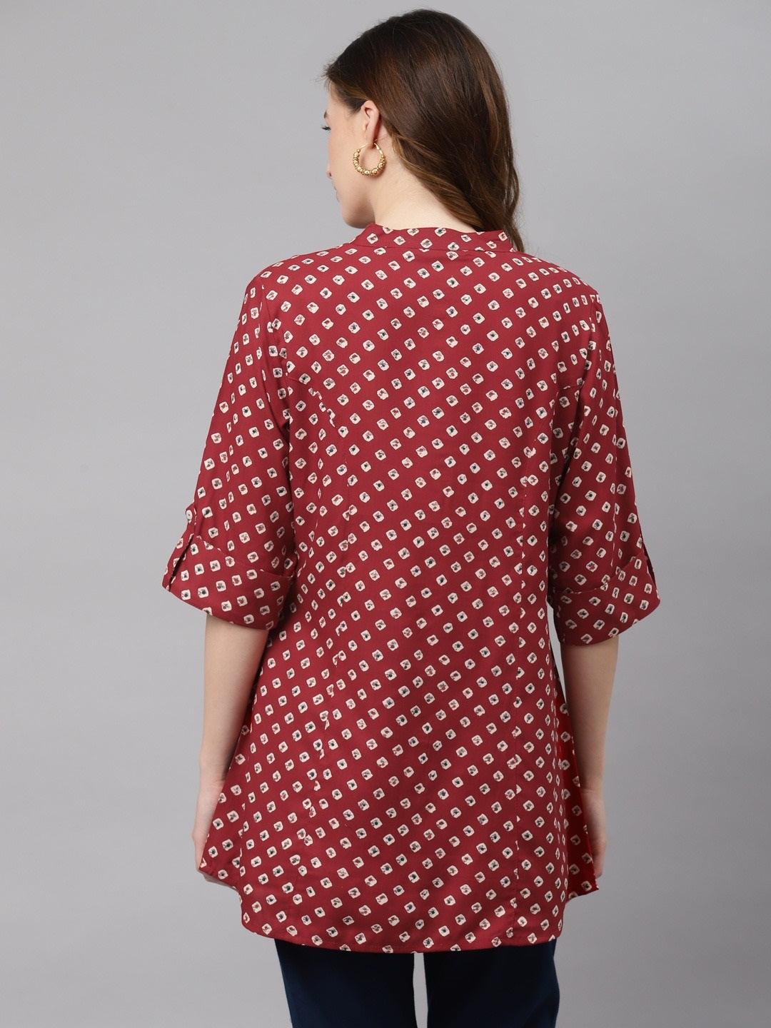  Maroon Bandhani Print Shirt Style A-line Top -  world