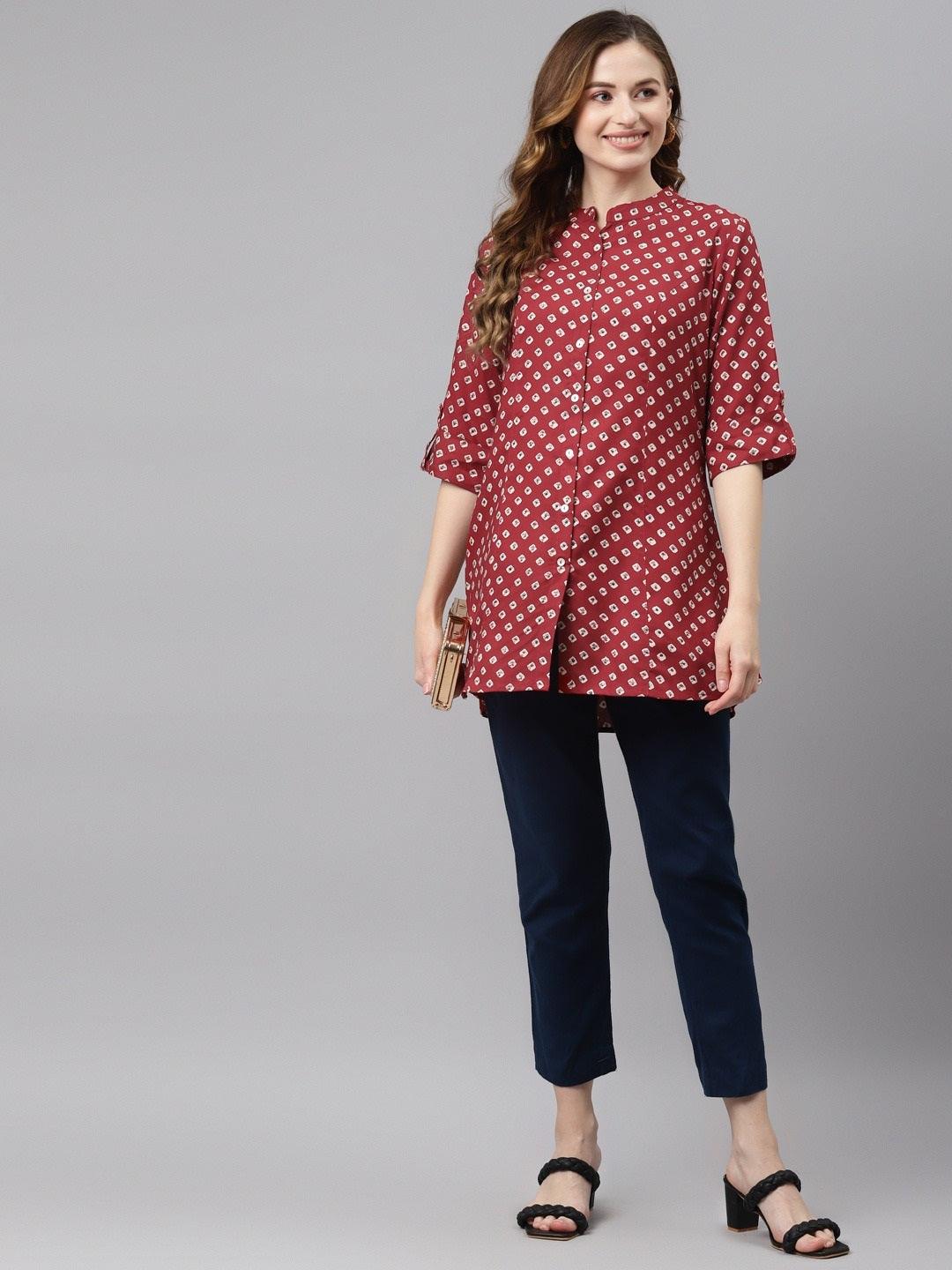  Maroon Bandhani Print Shirt Style A-line Top -  world