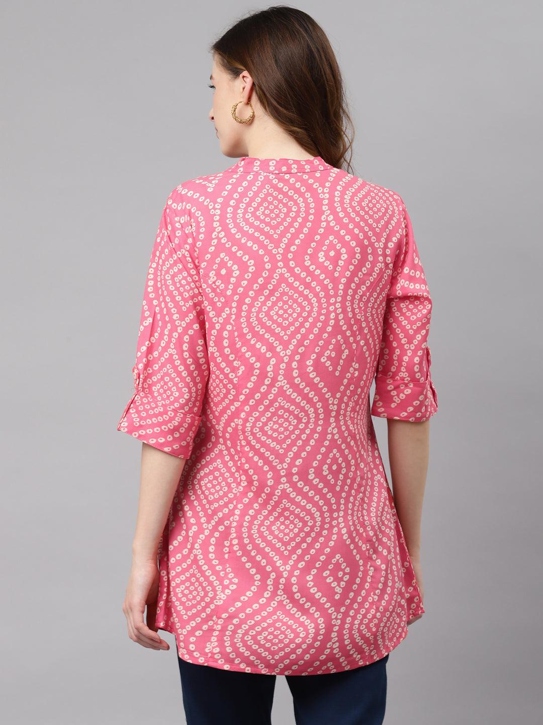  Pink Bandhani Print Rayon Top -  world