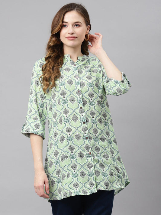  Light Green Floral Rayon Shirt Style A-line Top -  world