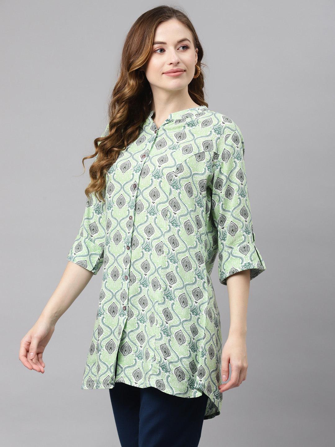  Light Green Floral Rayon Shirt Style A-line Top -  world