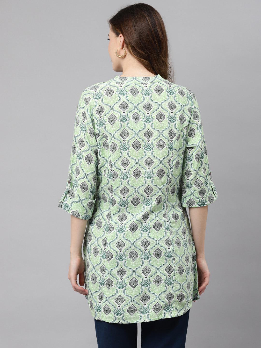  Light Green Floral Rayon Shirt Style A-line Top -  world