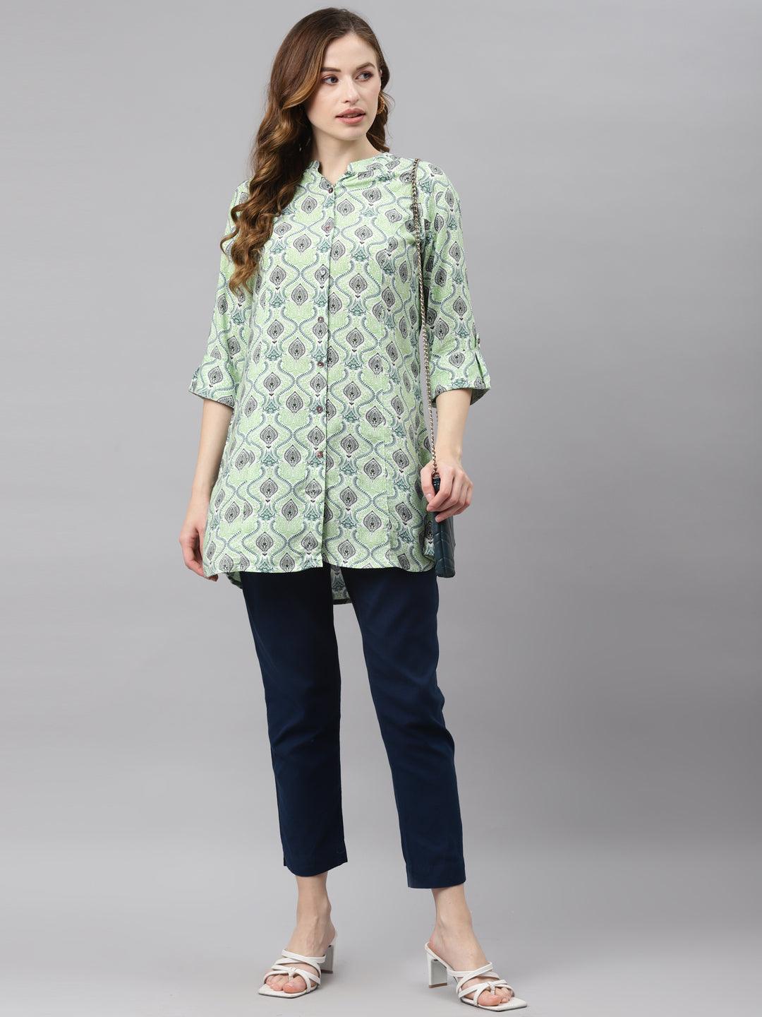  Light Green Floral Rayon Shirt Style A-line Top -  world