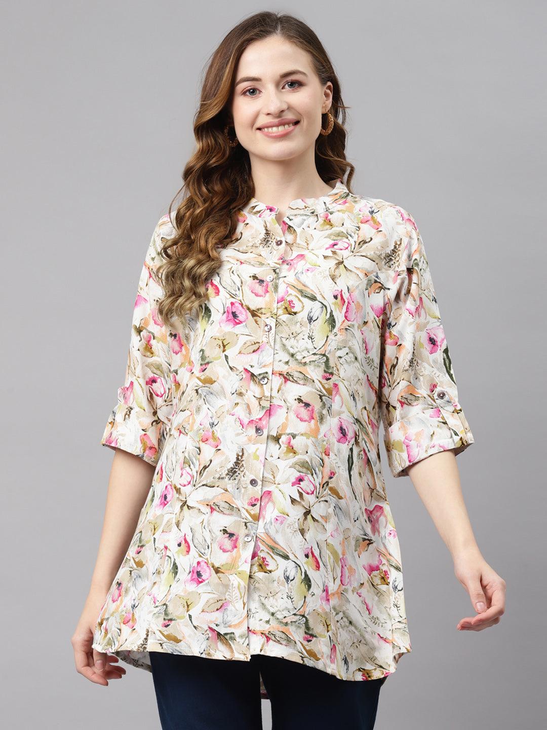 Multi Floral Rayon Shirt Style A-Line Top -  world