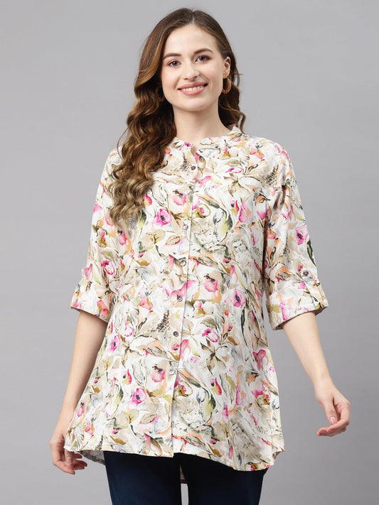  Multi Floral Rayon Shirt Style A-Line Top -  world
