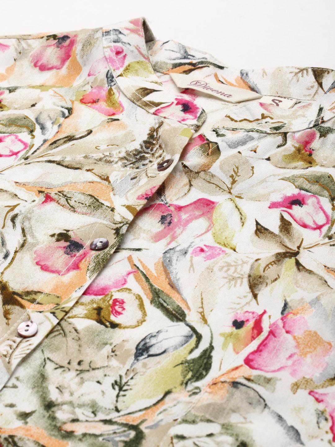  Multi Floral Rayon Shirt Style A-Line Top -  world
