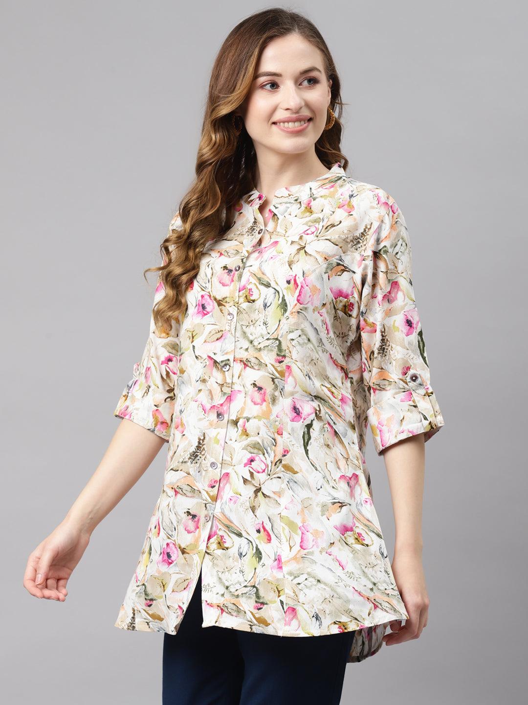  Multi Floral Rayon Shirt Style A-Line Top -  world