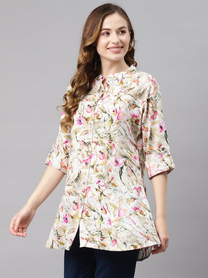  Multi Floral Rayon Shirt Style A-Line Top -  world
