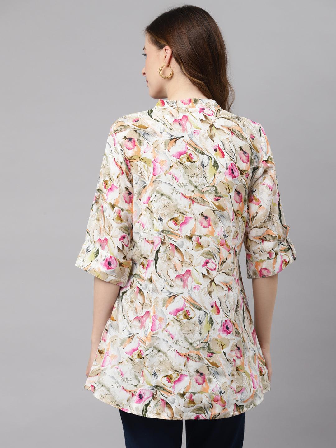  Multi Floral Rayon Shirt Style A-Line Top -  world