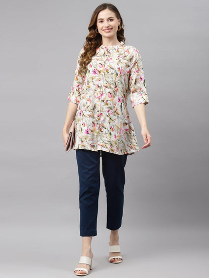  Multi Floral Rayon Shirt Style A-Line Top -  world