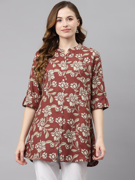  Maroon Floral Rayon Shirt style A-line Top -  world