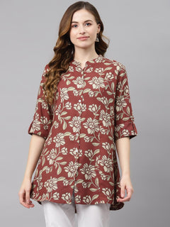 Maroon Floral Rayon Shirt style A-line Top