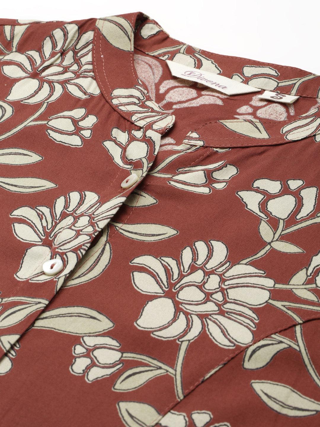  Maroon Floral Rayon Shirt style A-line Top -  world