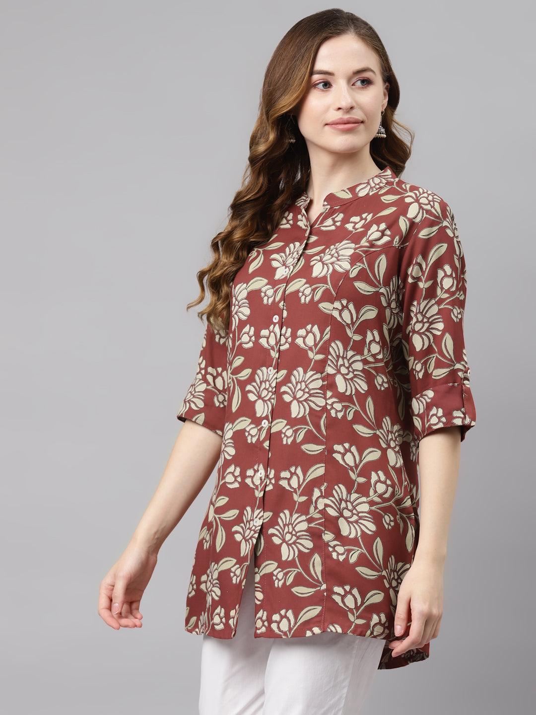  Maroon Floral Rayon Shirt style A-line Top -  world