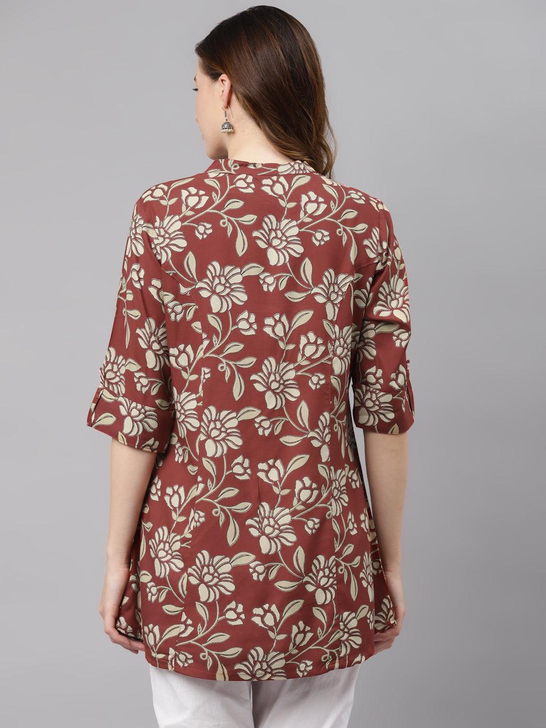  Maroon Floral Rayon Shirt style A-line Top -  world