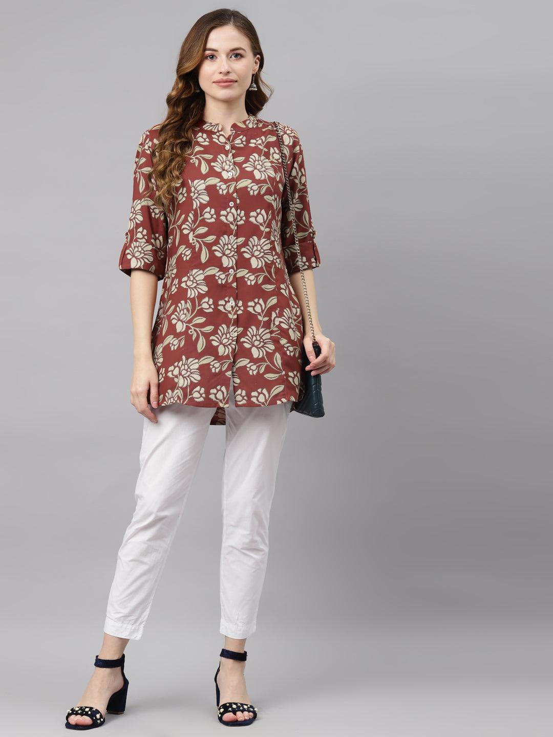  Maroon Floral Rayon Shirt style A-line Top -  world
