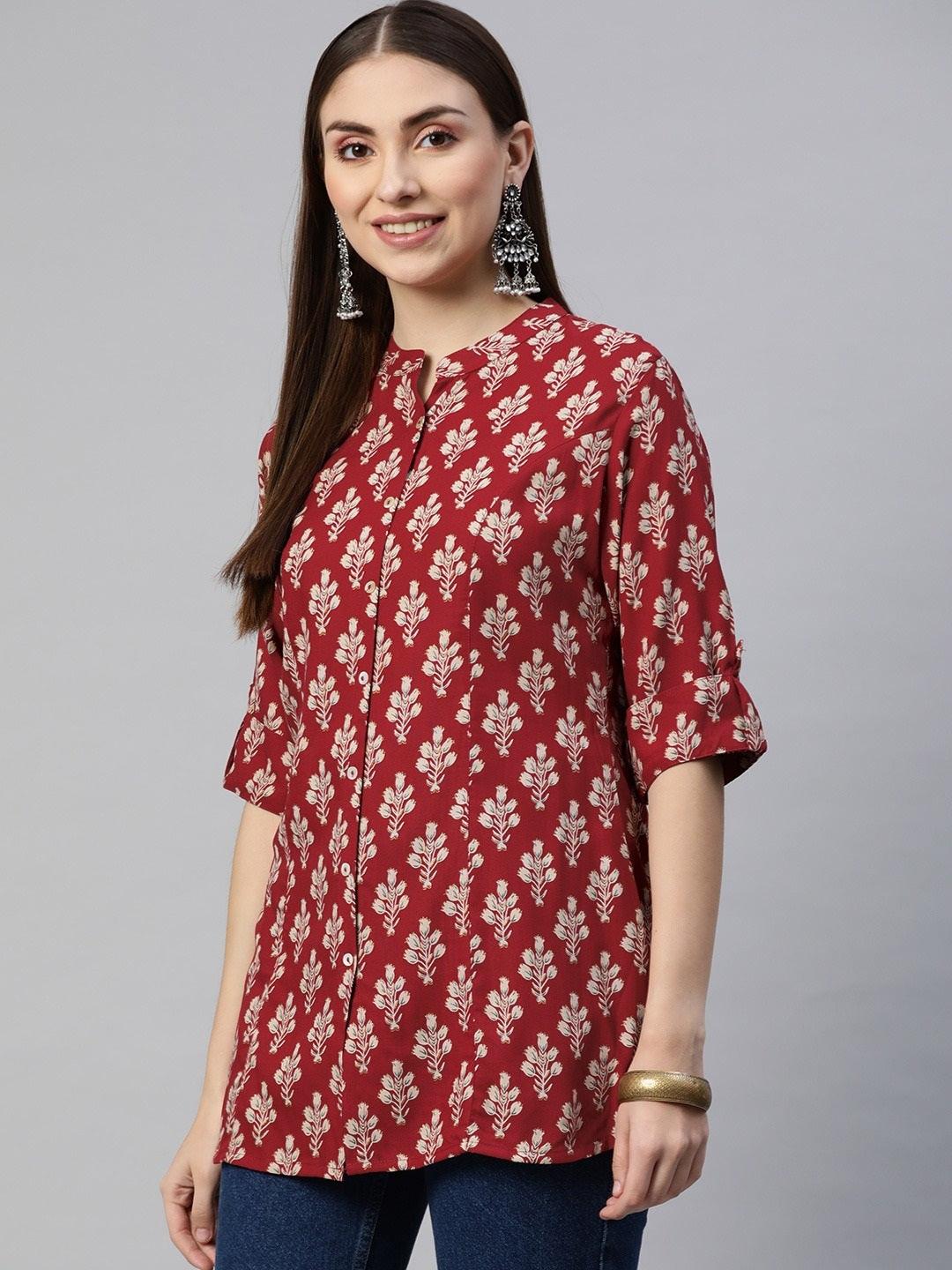  Dark Maroon Floral Rayon A-line Shirts Style Top -  world