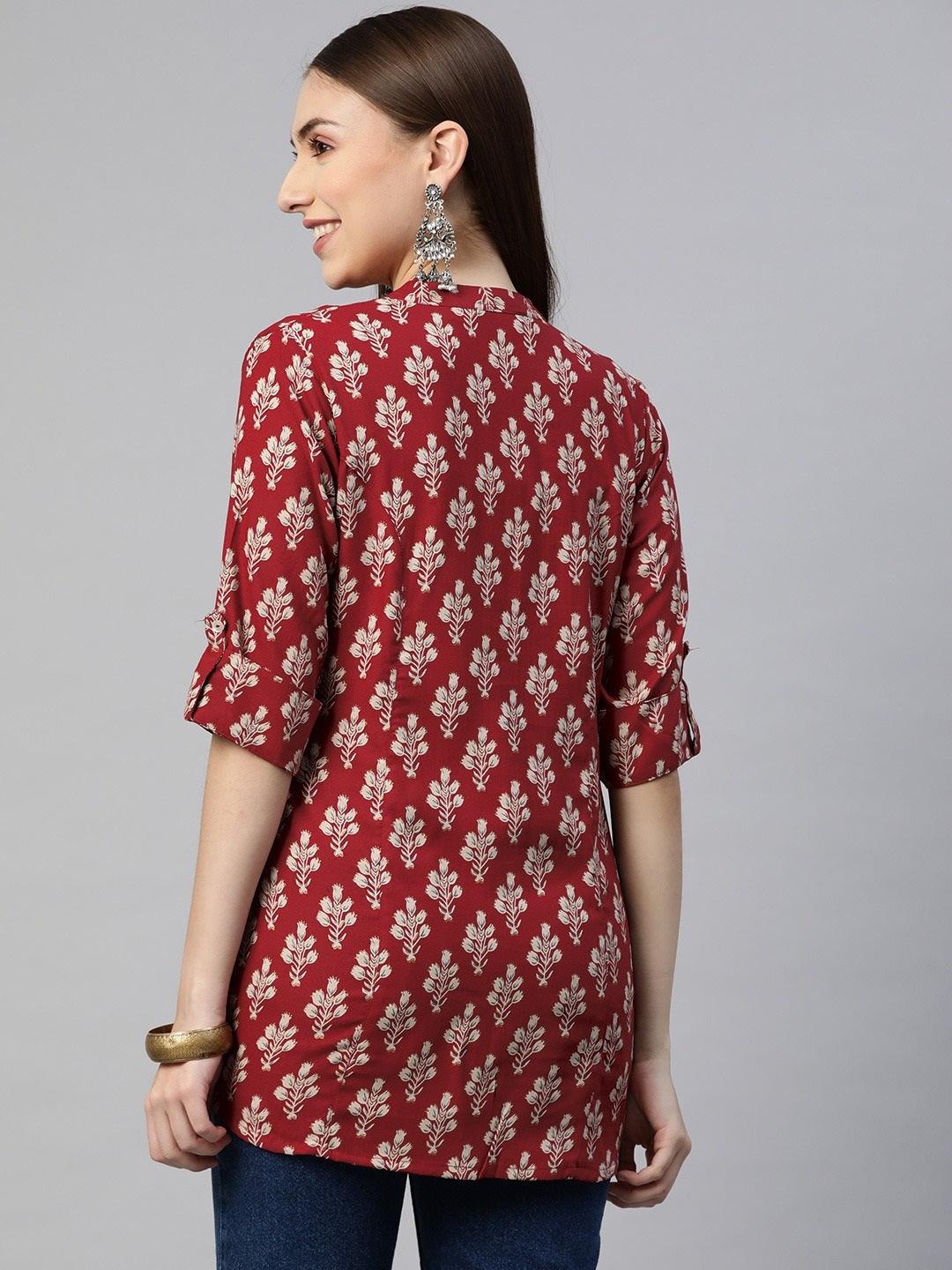  Dark Maroon Floral Rayon A-line Shirts Style Top -  world
